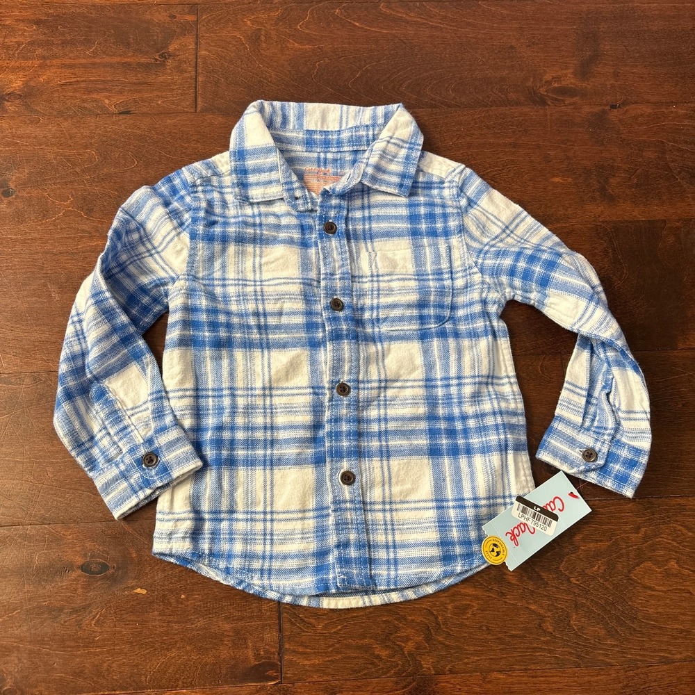 Cat and‎ Jack Boys Flannel Button Down Shirt Size 2T Blue Plaid NEW Soft Warm